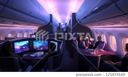 A group of people are sitting in a plane with a blue and purple lighting A group of people are sitting in a plane with a blue and purple lighting 125974589