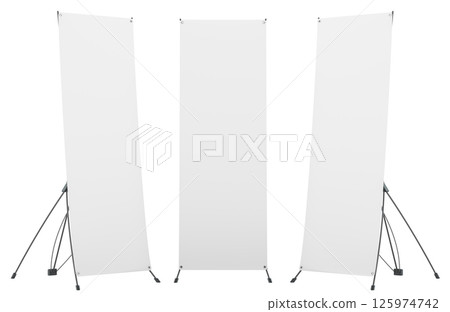 Blank X Banner Stands. Mockup template, front and sides views. 3D rendering 125974742