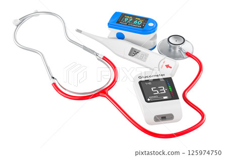 Glucometer, stethoscope, portable pulse oximetry and digital medical thermometer. Medical measurement, monitoring and diagnostic devices. 3D rendering 125974750