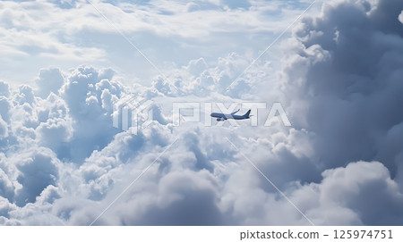 A plane is flying through a cloudy sky 125974751