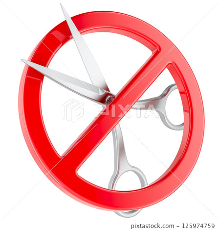 Prohibition symbol with Metallic Scissors. 3D rendering Prohibition symbol with Metallic Scissors. 3D rendering 125974759