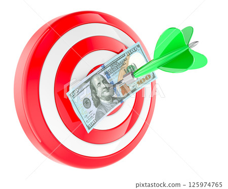 Target with pinned 100 dollar banknote in bullseye. Successful business, concept. 3D rendering 125974765