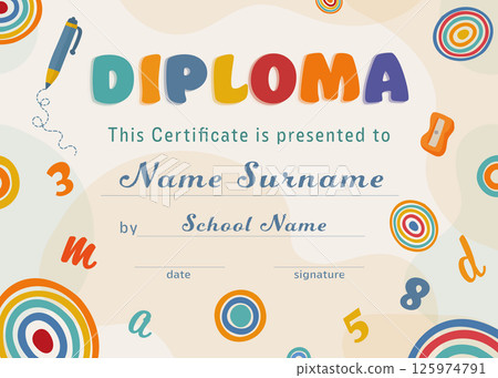 Kindergarten diploma certificate template with school supplies numbers and letters 125974791