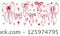 Red bows, stars and whimsical hearts. Set of isolated objects EPS vector. Line art hand-drawn illustration. Coquette core. Contours, silhouettes. Elements for romantic invitation and greeting card 125974795