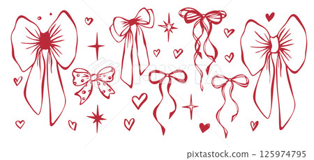 Red bows, stars and whimsical hearts. Set of isolated objects EPS vector. Line art hand-drawn illustration. Coquette core. Contours, silhouettes. Elements for romantic invitation and greeting card 125974795