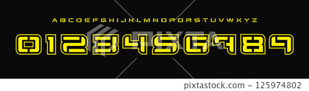 Stencil Cyberpunk Number Font, Geometric Sci-fi Alphabet for gaming UI, cyberpunk brand, futuristic scoreboards. Perfect for esports, racing, tactical game HUD, Youth Team Jersey. Vector Illustration. Stencil Cyberpunk Number Font, Geometric Sci-fi Alphabet for gaming UI, cyberpunk brand, futuristic scoreboards. Perfect for esports, racing, tactical game HUD, Youth Team Jersey. Vector Illustration. 125974802