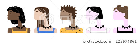 An illustration of a multicultural group of women. A set of female heads. 125974861