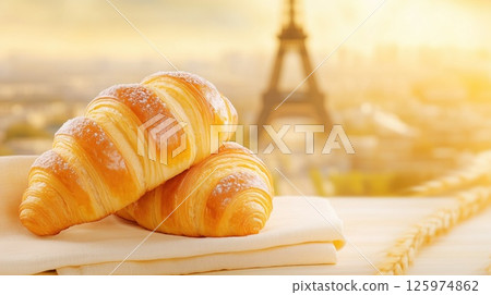 Two freshly baked croissants resting on tablecloth on Eiffel tower background, with copy space 125974862