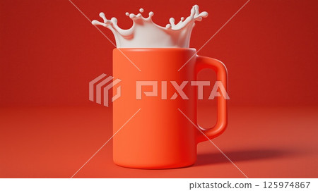 Orange mug splashing milk drink on vibrant red background, copy space 125974867