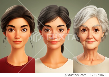 Three dimensional render of aging process of woman, from youth to old age  125974879