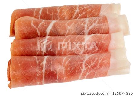 Jamon meat rolled up in a roll isolate on a white background. 125974880