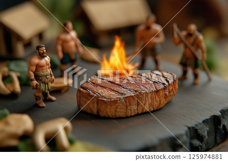 Several primitive men miniature characters in process of cooking meat in nature 125974881