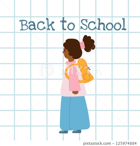 Cute girl with backpack on blue grid background. Back to school poster. Cute girl with backpack on blue grid background. Back to school poster. 125974884