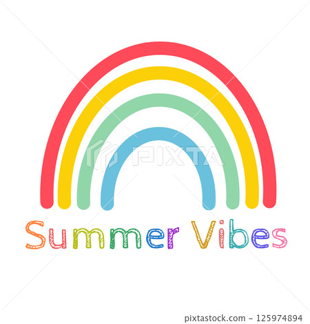 Summer vibes poster with colorful rainbow. Cute rainbow with Summer vibes text. 125974894