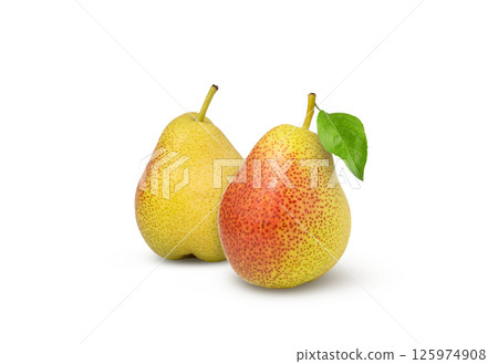 Fresh pear isolated on white background with leaf. Yellow and red pears. Fresh pear isolated on white background with leaf. Yellow and red pears. 125974908