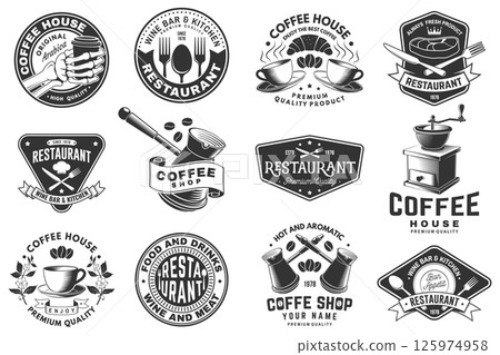 Set of Restaurant and Coffee shop logo. Vector. Vintage graphic design for logotype with plate, steak, cloche with lid, fork and knife, coffee cup, branch of coffee tree, grinder Set of Restaurant and Coffee shop logo. Vector. Vintage graphic design for logotype with plate, steak, cloche with lid, fork and knife, coffee cup, branch of coffee tree, grinder 125974958
