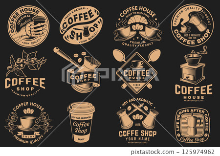 Coffee shop. Hot and aromatic. Vector. Concept for cafe and restaurant logo, brand, label with paper coffee cup, branch of coffee tree, grinder silhouette 125974962