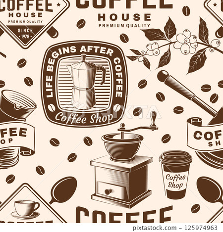 Coffee shop seamless pattern or background. Vector Seamless scene with paper coffee cup, branch of coffee tree, grinder silhouette. Coffee shop background for wallpaper or wrapper 125974963