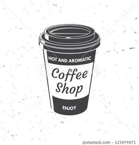 Coffee shop. Hot and aromatic. Vector illustration. Concept for cafe and restaurant logo, brand, label. Logo with Reusable coffee cup. 125974971