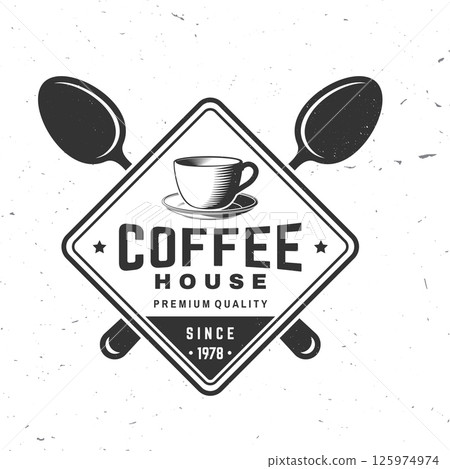 Coffee house. Vector illustration. Concept for cafe and restaurant logo, brand, label. Vintage Coffee House Logo with Cup and coffee spoon 125974974