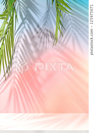 Elegant sunny colorful banner,background with long shadows from palm leaves.Empty beautiful tropical podium and template for your creativity,summer party concept and product display stand. Elegant sunny colorful banner,background with long shadows from palm leaves.Empty beautiful tropical podium and template for your creativity,summer party concept and product display stand. 125975071