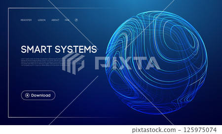 Smart systems technology with abstract glowing sphere, futuristic blue background, artificial intelligence automation, digital network infrastructure, and modern UI design for innovation and 125975074
