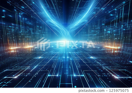 Futuristic glowing data network with radiant blue light streams forming a vortex above a digital grid, representing artificial intelligence, data flow, virtual reality, and advanced technology systems 125975075