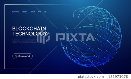 Blockchain technology concept with abstract glowing sphere, futuristic blue background, digital network visualization, decentralized finance, and modern UI design for innovation and security 125975078