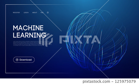 Machine learning technology with abstract glowing sphere, futuristic blue background, artificial intelligence visualization, data analysis concept, and modern UI design for innovation and automation 125975079