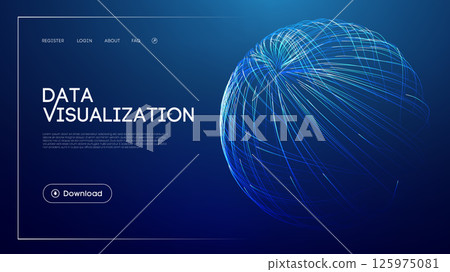 Data visualization technology with abstract glowing sphere, futuristic blue background, big data analytics, digital network representation, and modern UI design for insights and information processing 125975081