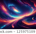 Majestic cosmic landscape with swirling galactic light, glowing horizon, and distant planet, depicting a surreal and colorful vision of deep space filled with energy, motion, and interstellar mystery 125975109