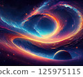 Vibrant cosmic swirl of a galactic vortex glowing with bright neon colors, stars scattered across deep space, and a mysterious dark planet below an abstract vision of a futuristic universe. 125975115