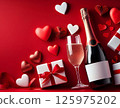 Romantic Valentines Day Still Life with Champagne Bottle, Gift Boxes, Red and White Hearts on Red Background, Celebrating Love, Elegance, and Celebration with Festive and Luxurious Composition 125975202