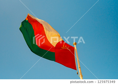 The Omani flag flutters gracefully in the wind against a vibrant blue sky, symbolizing national pride and identity The Omani flag flutters gracefully in the wind against a vibrant blue sky, symbolizing national pride and identity 125975349