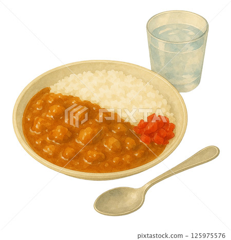 Watercolor style curry rice and water illustration 125975576