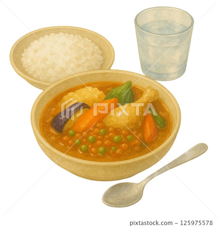 水彩風格湯咖哩飯插圖 125975578