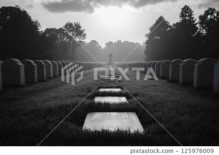 Reflection of remembrance in a military cemetery at dawn 125976009