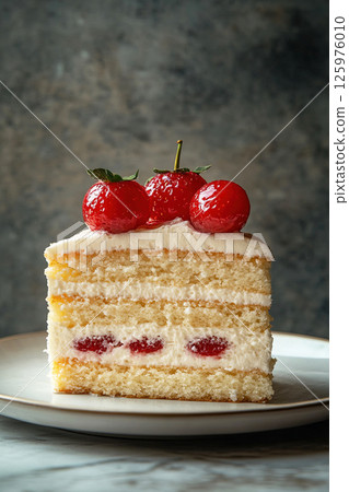Delightful dessert cake served on a white plate with fresh strawberries on top 125976010