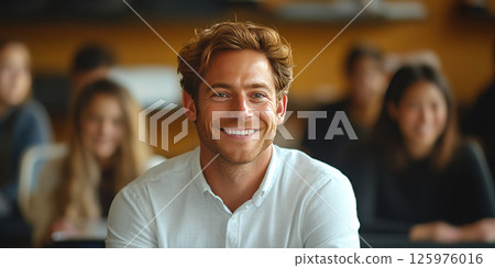 Lecturer smiles confidently while engaging students during an educational session in a classroom. Header banner mockup with copy space. 125976016