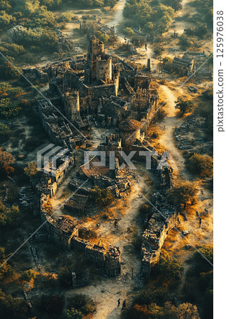 Knights engage in battle at a fortress during the crusade in an aerial view of the terrain 125976038
