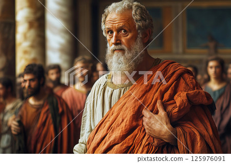 Aristotle engages students in philosophical discourse within a grand Roman hall setting 125976091