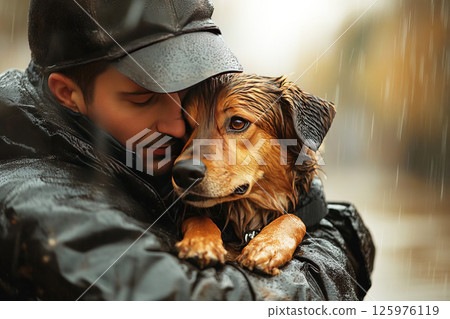 Rescuer comforts scared dog in flooded city during rescue operation 125976119