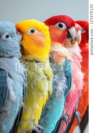 Colorful parrots of various species lined up showcasing their vibrant feathers 125976120