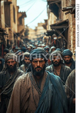 Chained individuals navigating the historical Arab slave market during ancient times 125976122