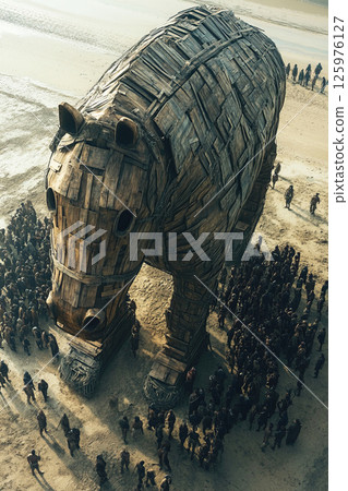 Aerial view of the Trojan War showing the wooden horse and troops preparing for battle 125976127