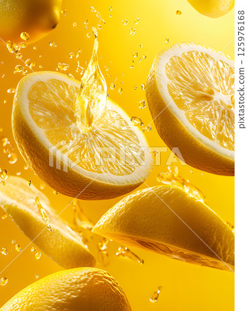 Yellow lemons on yellow background. Wallpaper with citrus slices. Still life for design. front view 125976168