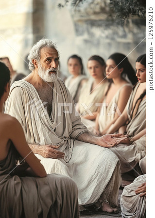 Pythagoras of Samos engaged in discussion with women in ancient Greece Pythagoras of Samos engaged in discussion with women in ancient Greece 125976210