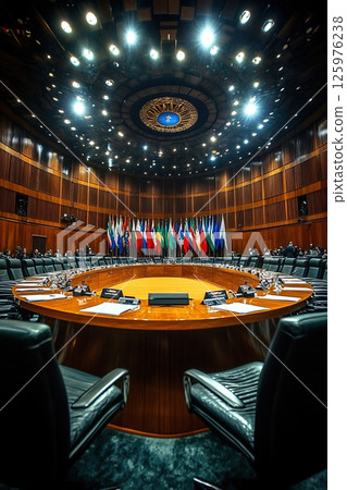 International representatives gather for a crucial meeting at the round table in a grand hall 125976238