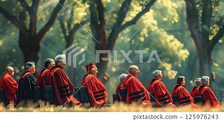 Judge in robe presides over process, reads verdict at justice trial in courthouse in vintage wooden interior. 125976243