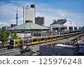 The Sobu Line runs with the Ryogoku Kokugikan, Tokyo Skytree, and Edo-Tokyo Museum in the background 125976248